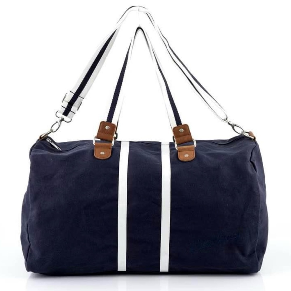 NWT Breitling Navy Blue Canvas Travel Duffel Bag - White Stripe & Brown Trim